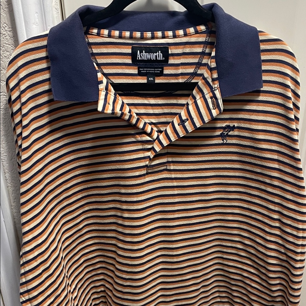 Ashworth Men's Polo Shirt - Navy and Orange Stripes